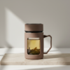 1 (9) Glass Taupe Brown Travel Mug with Lid & Plastic Protector 500 ML