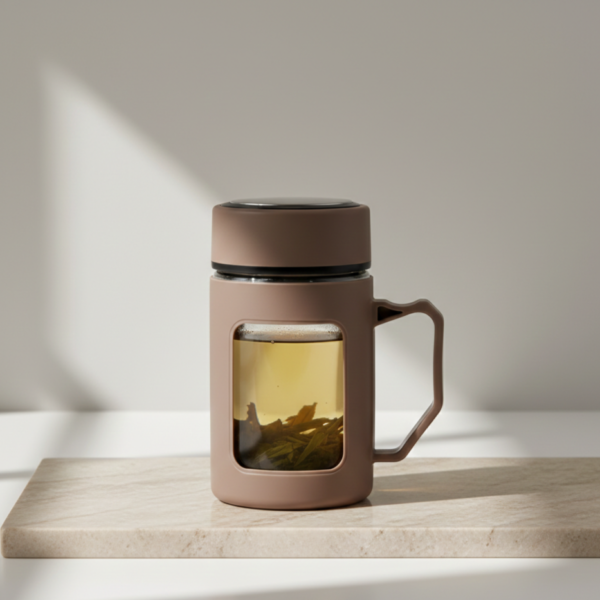 1 (9) Glass Taupe Brown Travel Mug with Lid & Plastic Protector 500 ML