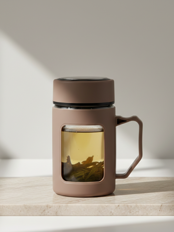 1 (9) Glass Taupe Brown Travel Mug with Lid & Plastic Protector 500 ML