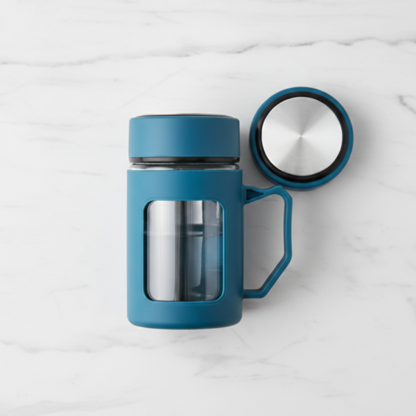 2 (15) Glass Charcoal Blue Travel Mug with Lid & Plastic Protector 500 ML