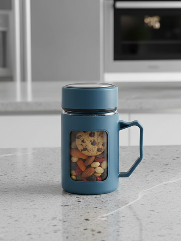 2 (33) Glass Charcoal Blue Travel Mug with Lid & Plastic Protector 500 ML