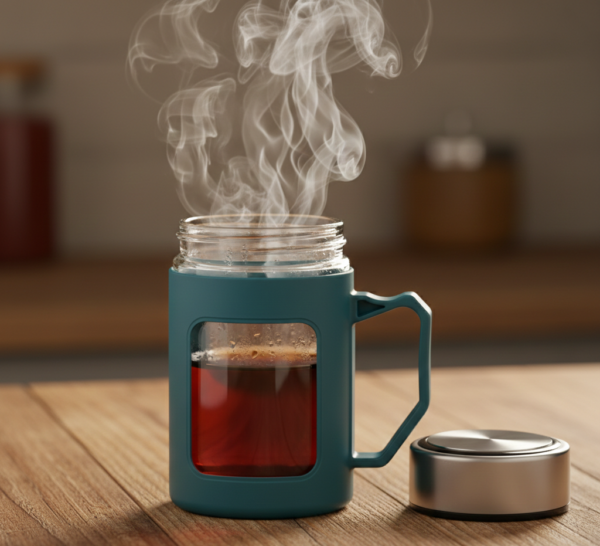 2 (52) Glass Charcoal Blue Travel Mug with Lid & Plastic Protector 500 ML