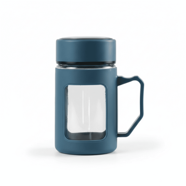2 (53) Glass Charcoal Blue Travel Mug with Lid & Plastic Protector 500 ML