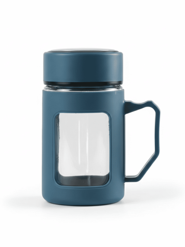 Glass Charcoal Blue Travel Mug with Lid & Plastic Protector 500 ML