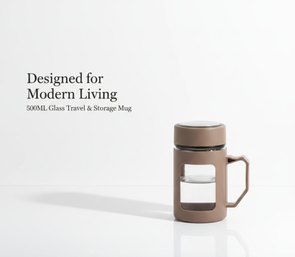 2 (6) Glass Taupe Brown Travel Mug with Lid & Plastic Protector 500 ML