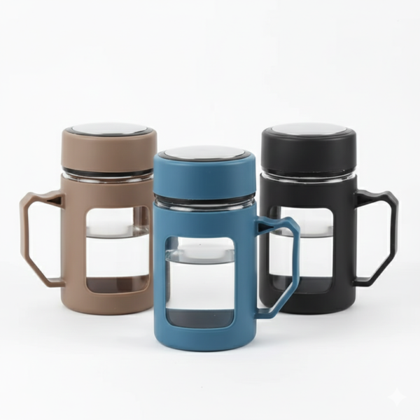 2 (9) Glass Charcoal Blue Travel Mug with Lid & Plastic Protector 500 ML