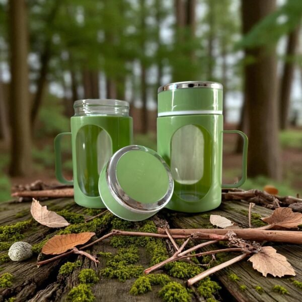 Glass Olive Green Travel Mug with Lid & Plastic Protector 500 ML