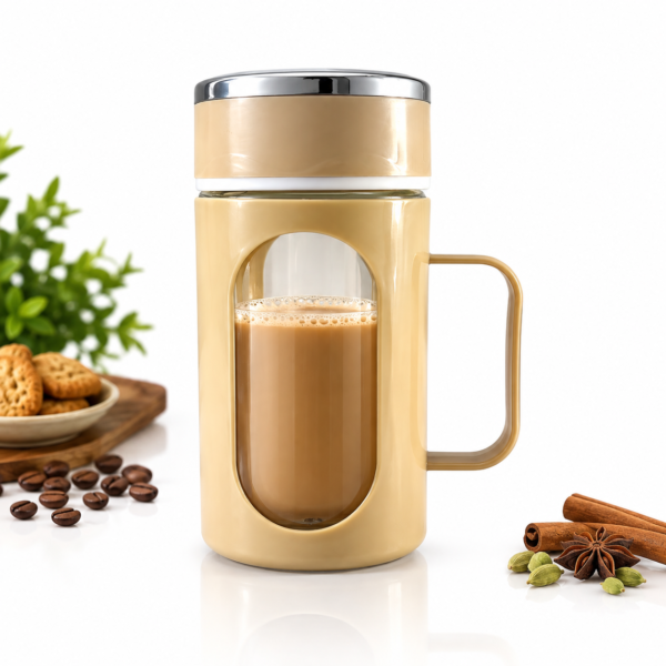 Glass Antique Gold Travel Mug with Lid & Plastic Protector 500 ML