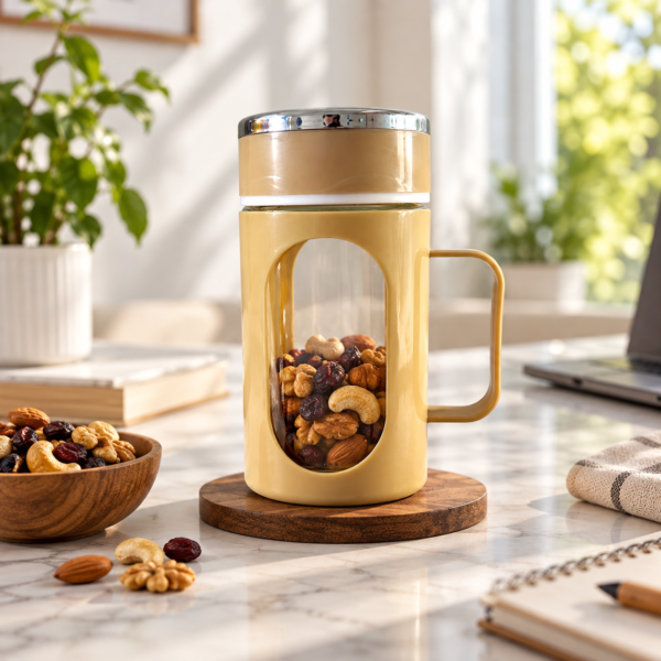 IMAGE_5 Silicox Golden Brown Glass Travel Mug (500ml) | Warm-Tone Coffee Mug | Home Café & Festive Gifting