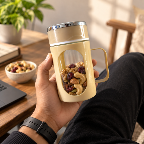 IMAGE_6 Silicox Golden Brown Glass Travel Mug (500ml) | Warm-Tone Coffee Mug | Home Café & Festive Gifting