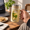IMAGE_7 Silicox Golden Brown Glass Travel Mug (500ml) | Warm-Tone Coffee Mug | Home Café & Festive Gifting