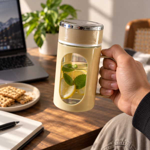 IMAGE_7 Silicox Golden Brown Glass Travel Mug (500ml) | Warm-Tone Coffee Mug | Home Café & Festive Gifting